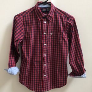 Wrangler Red and Navy Checked Button Up Shirt Boys Large 10 12 Chambray Trim